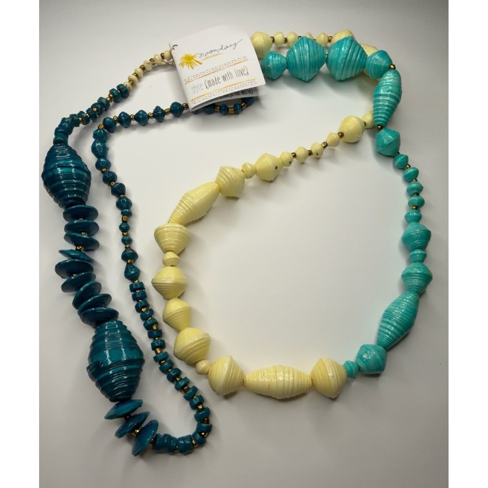 Noonday Recycled Paper Bead Necklace Blue Ivory Artisan Statement Boho Tag